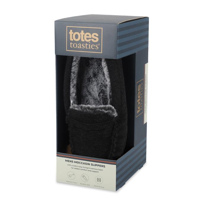 totes toasties® Mens Soft Herringbone Moccasin Slipper Charcoal Extra Image 1